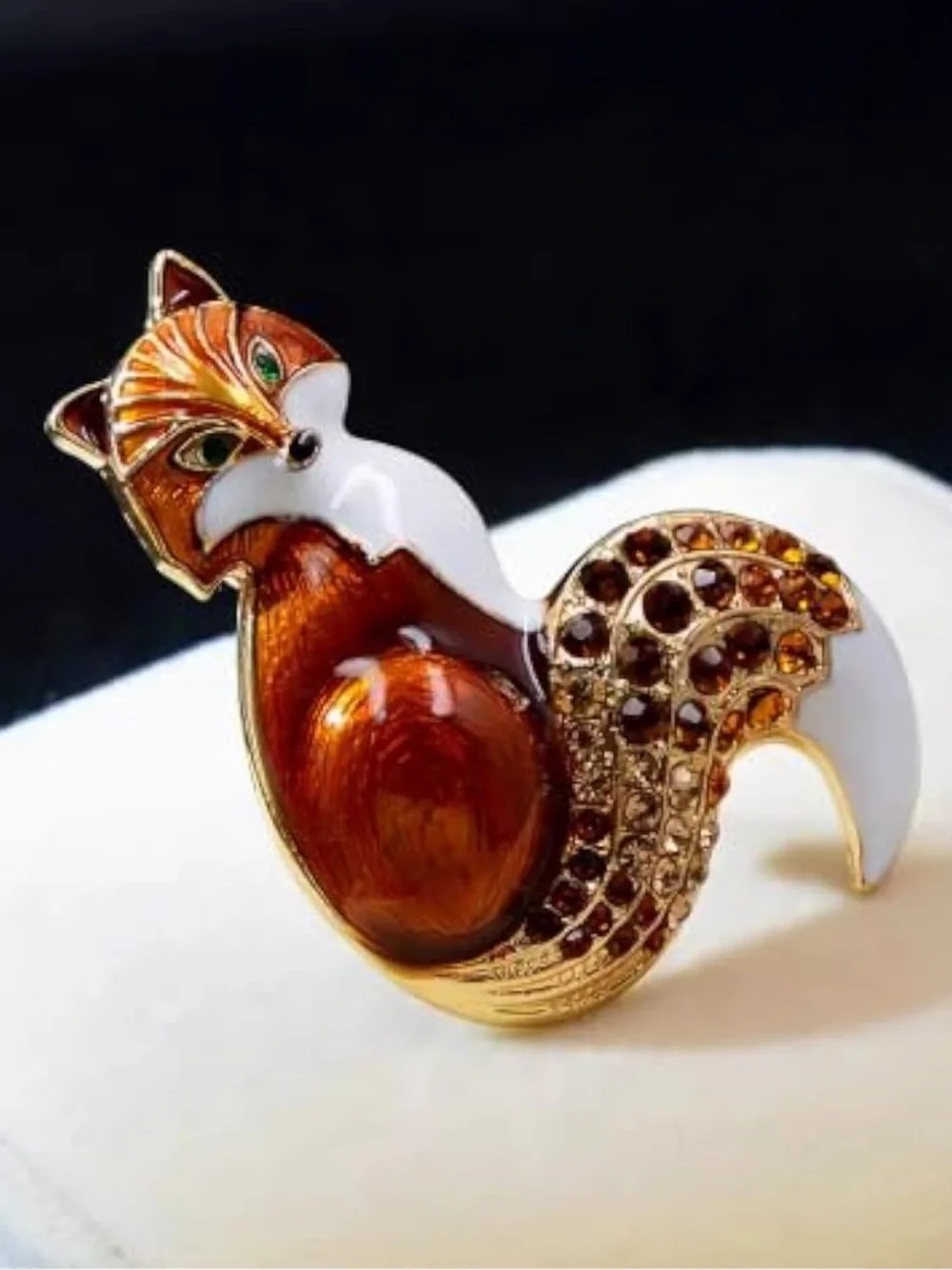 Brown and White Fox Brooch with Amber Crystals